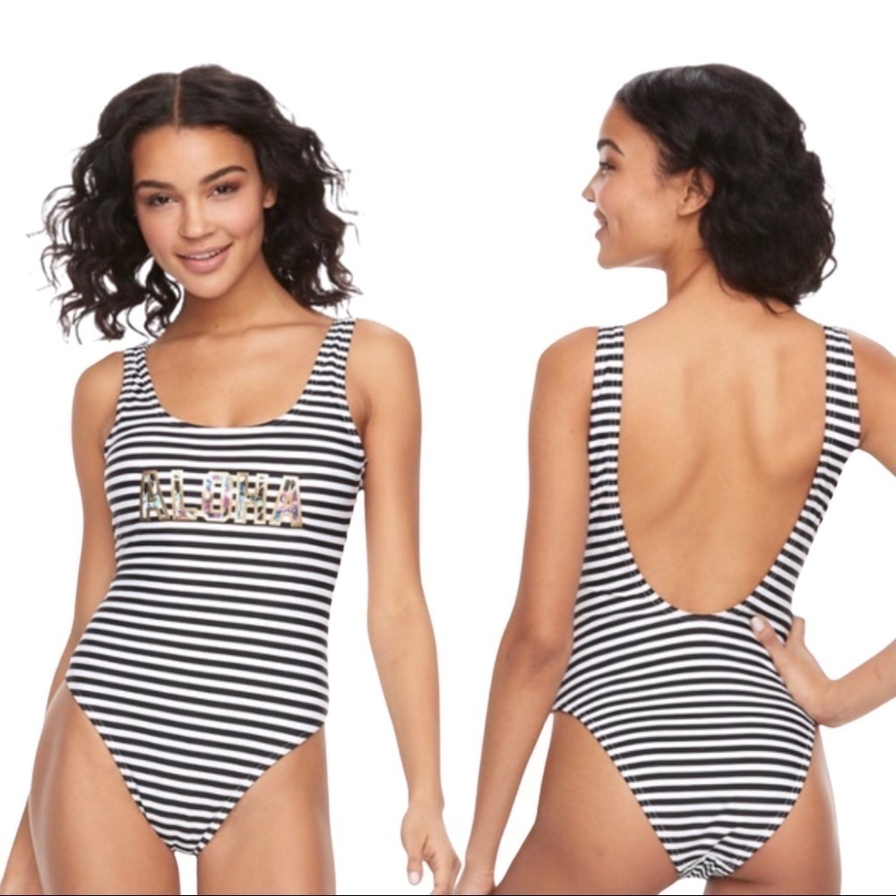 New! One Piece Aloha Hawaiian Tropical Floral Stripes Deep Open Back Swimsuit